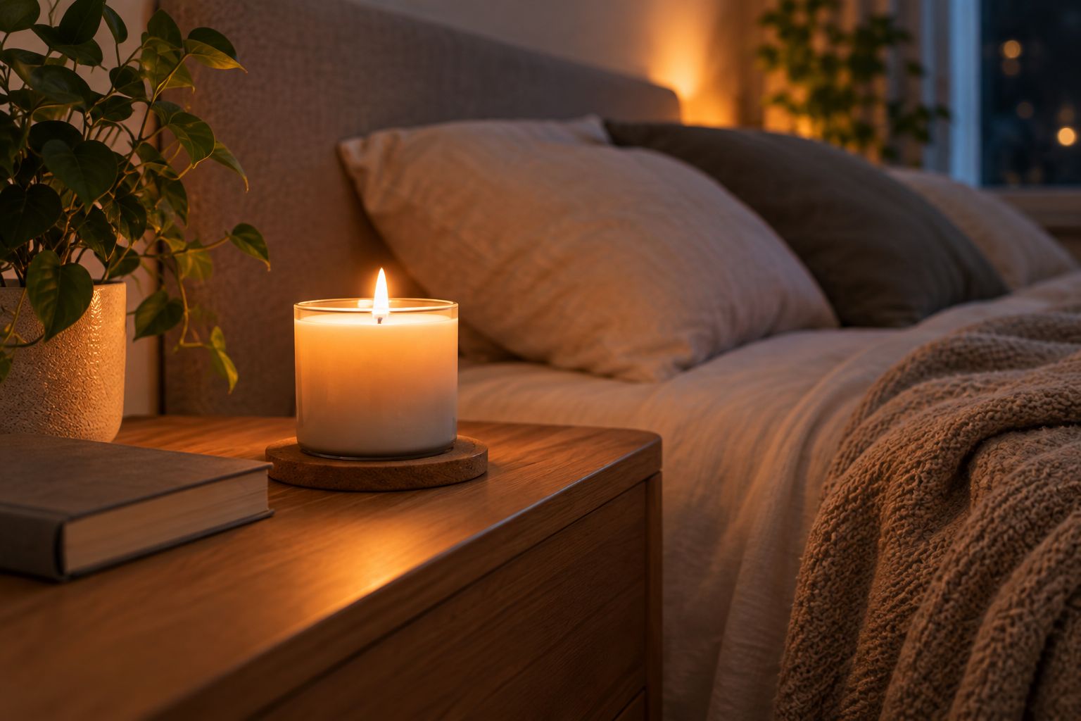 A single lit candle on a nightstand in a dim bedroom