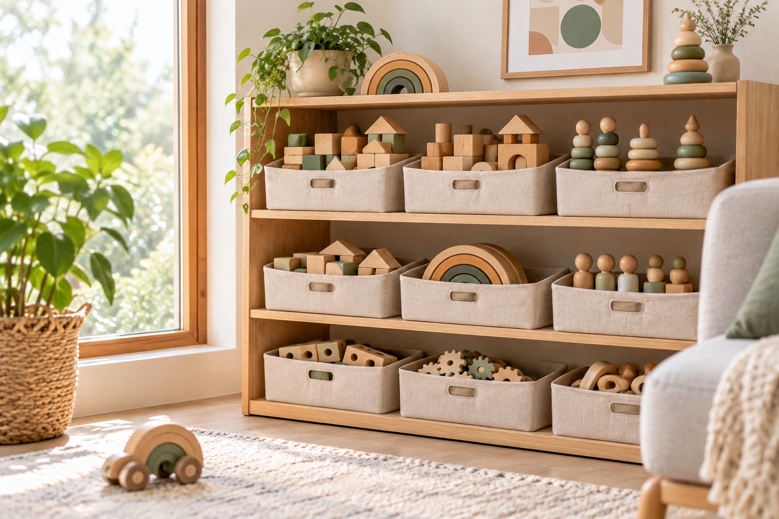 Wooden shelving with labelled boxes storing sustainable wooden toys by category