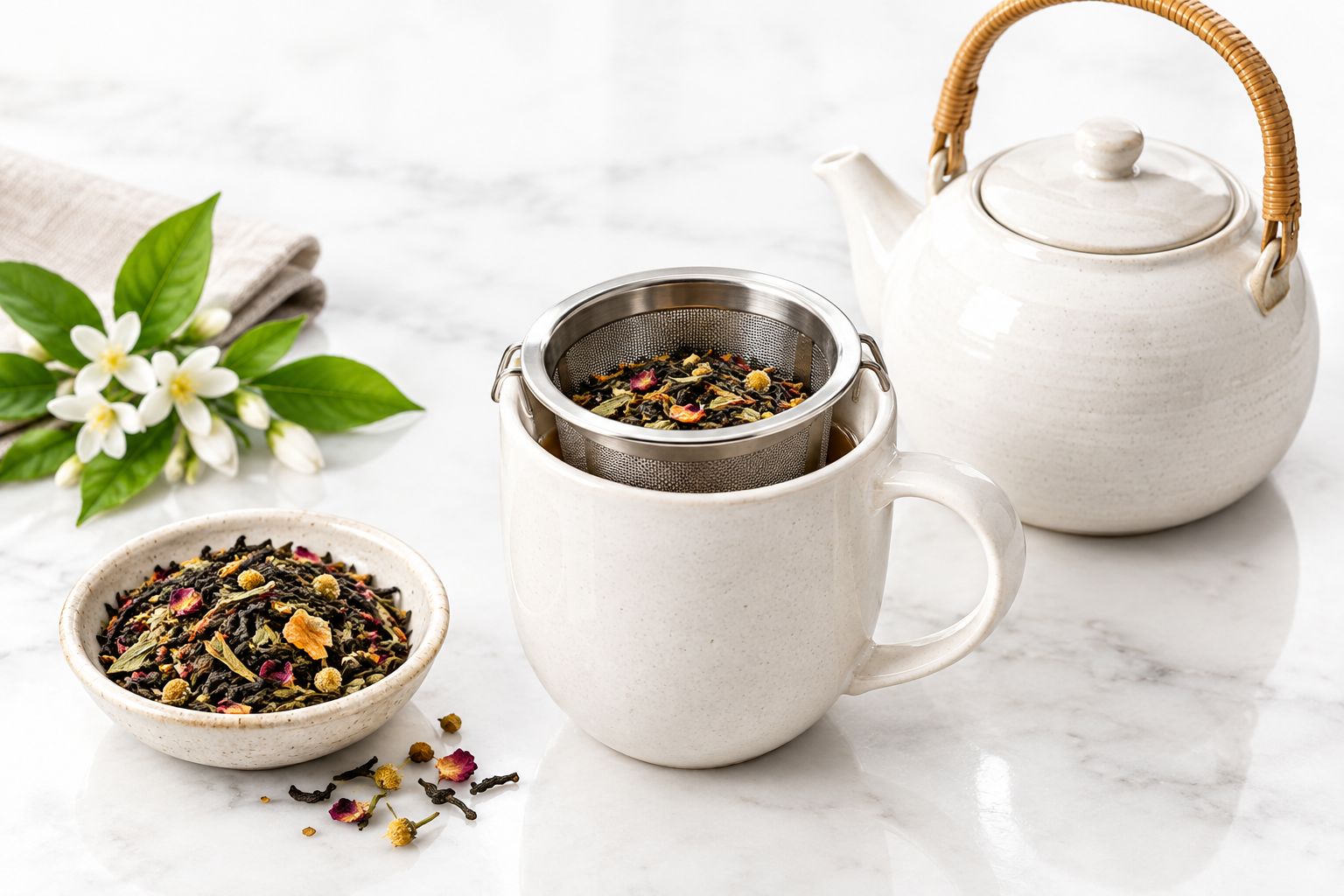 A basket infuser fitted into a ceramic cup beside loose tea leaves and a kettle