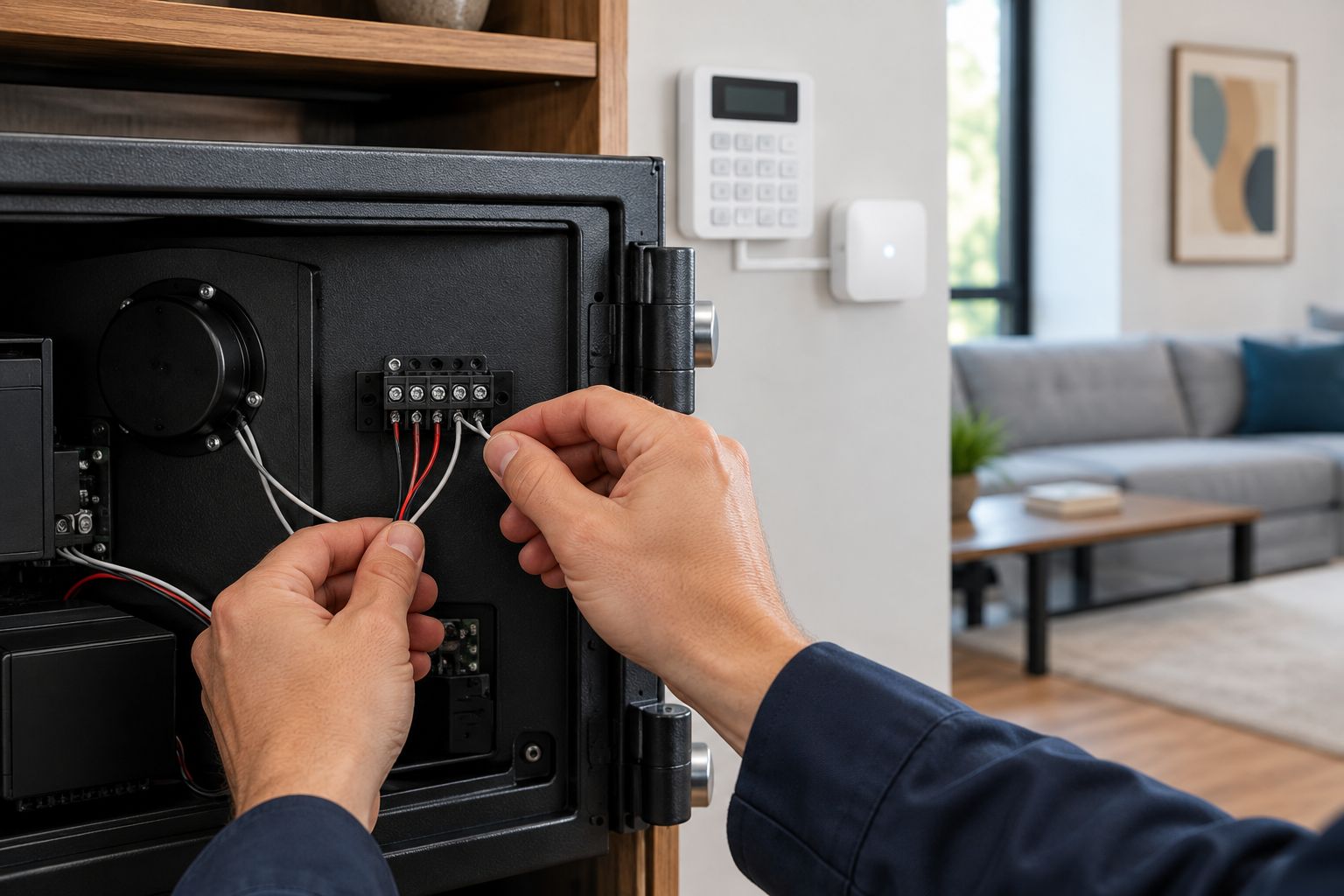 Technician wiring a safe lock's auxiliary terminal to an alarm output