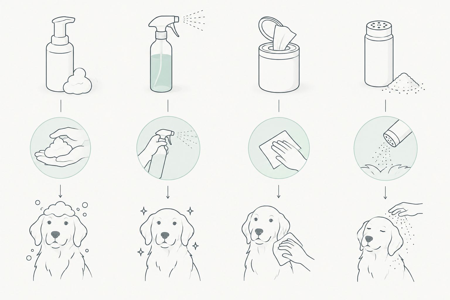 Four waterless dog grooming formats: foam, spray, wipes, and powder