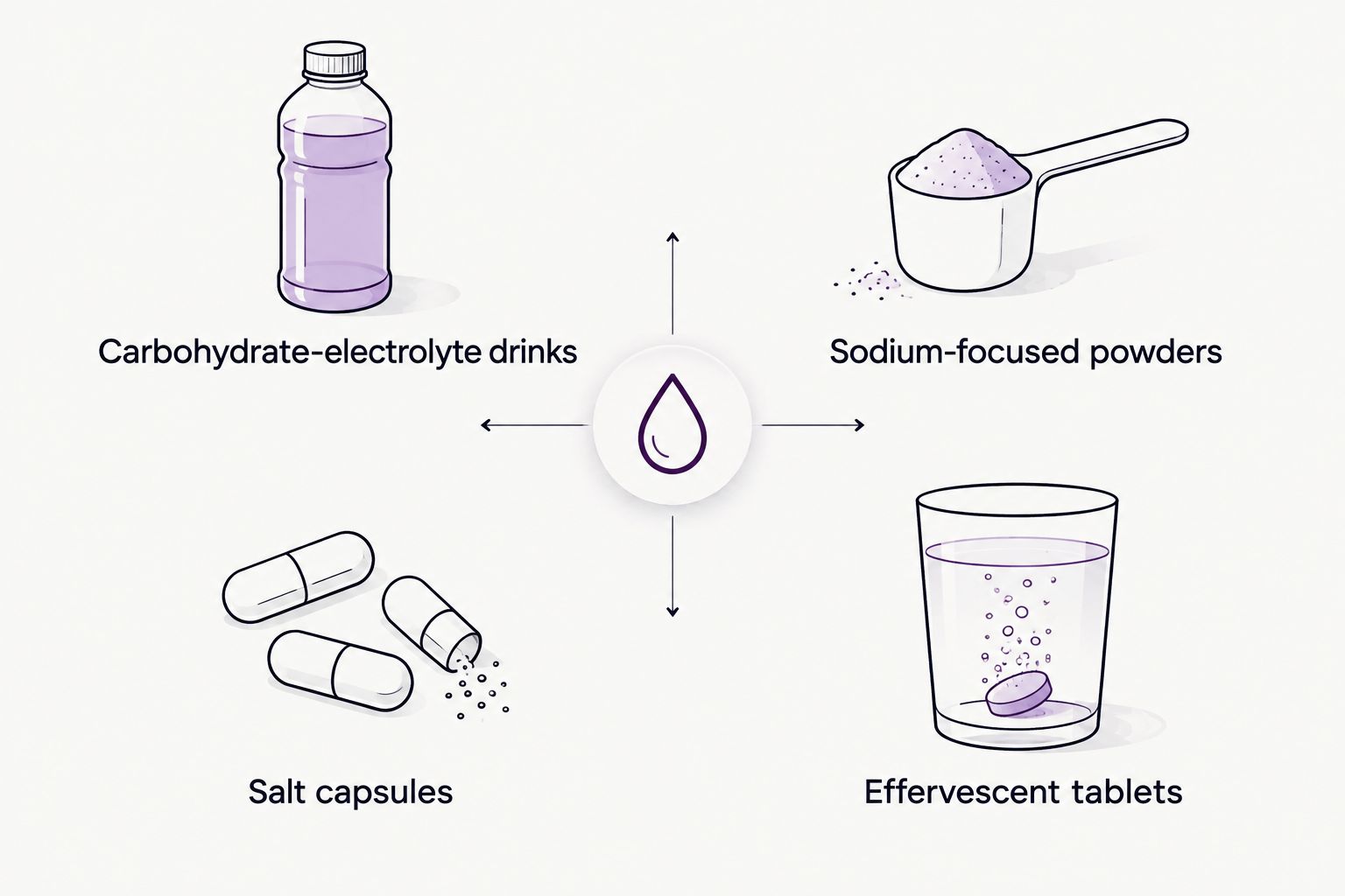 Four electrolyte formats: carbohydrate drinks, sodium powders, salt capsules, and effervescent tablets