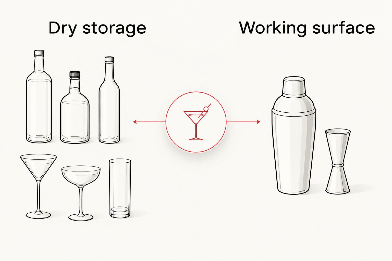 Two cart zones separating dry bottle and glass storage from the working surface