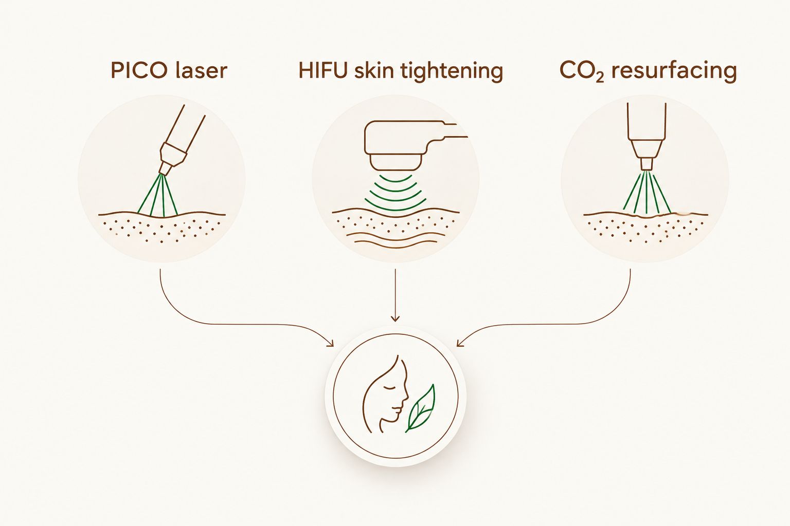 Three separate consultation topics: PICO laser, HIFU skin tightening and CO₂ resurfacing.