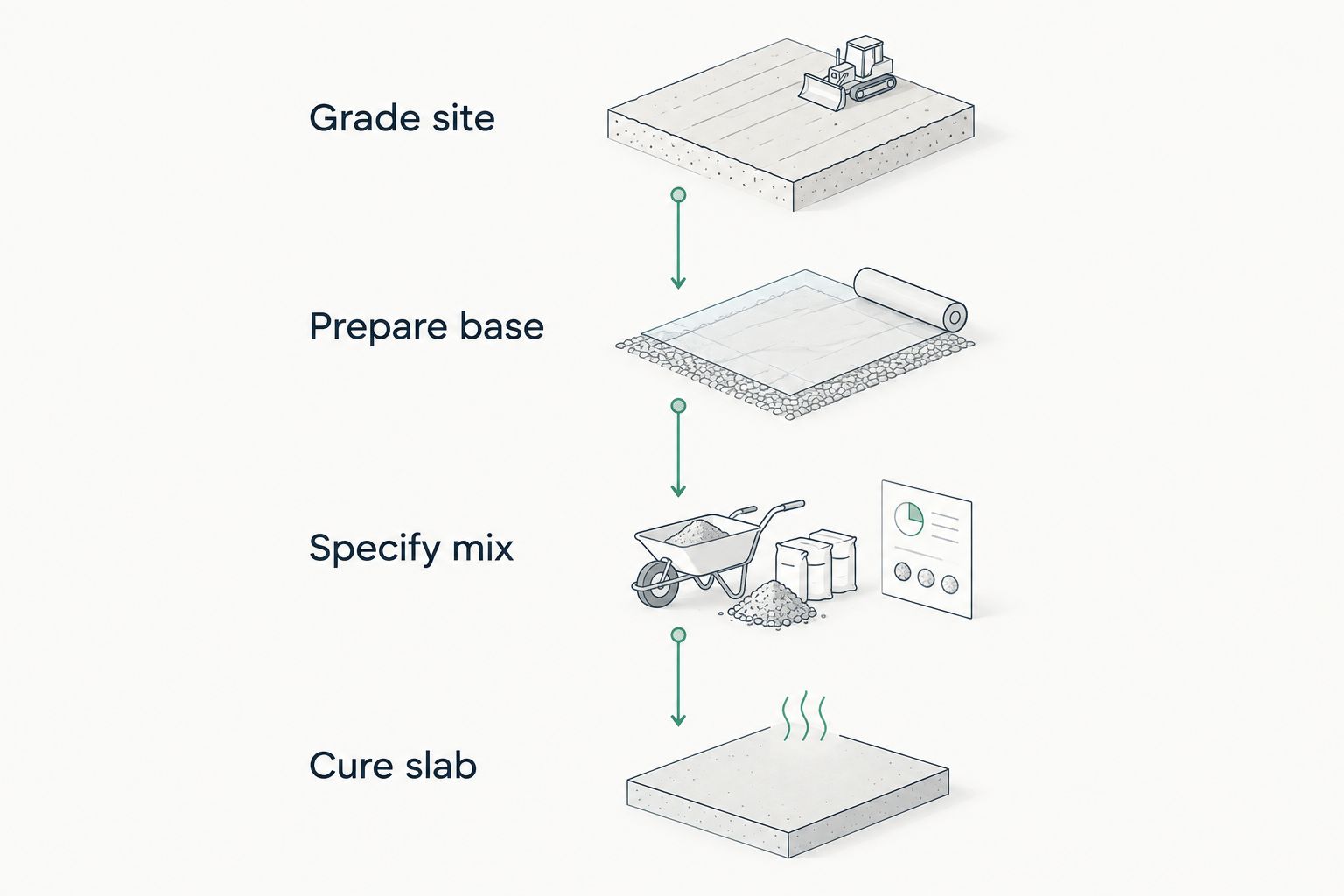 Four phases of a concrete project: grading, base preparation, mix specification, and curing