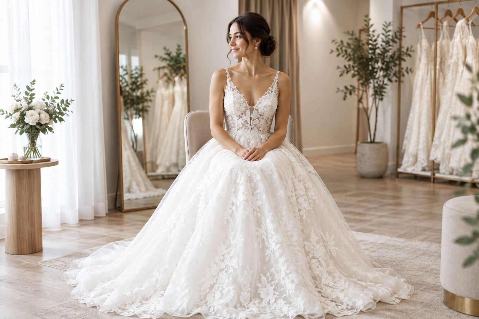 A bride checks how an ivory gown sits at the waist while seated