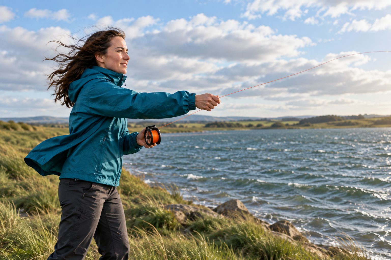 Angler casting a hand reel into windy conditions at a pond