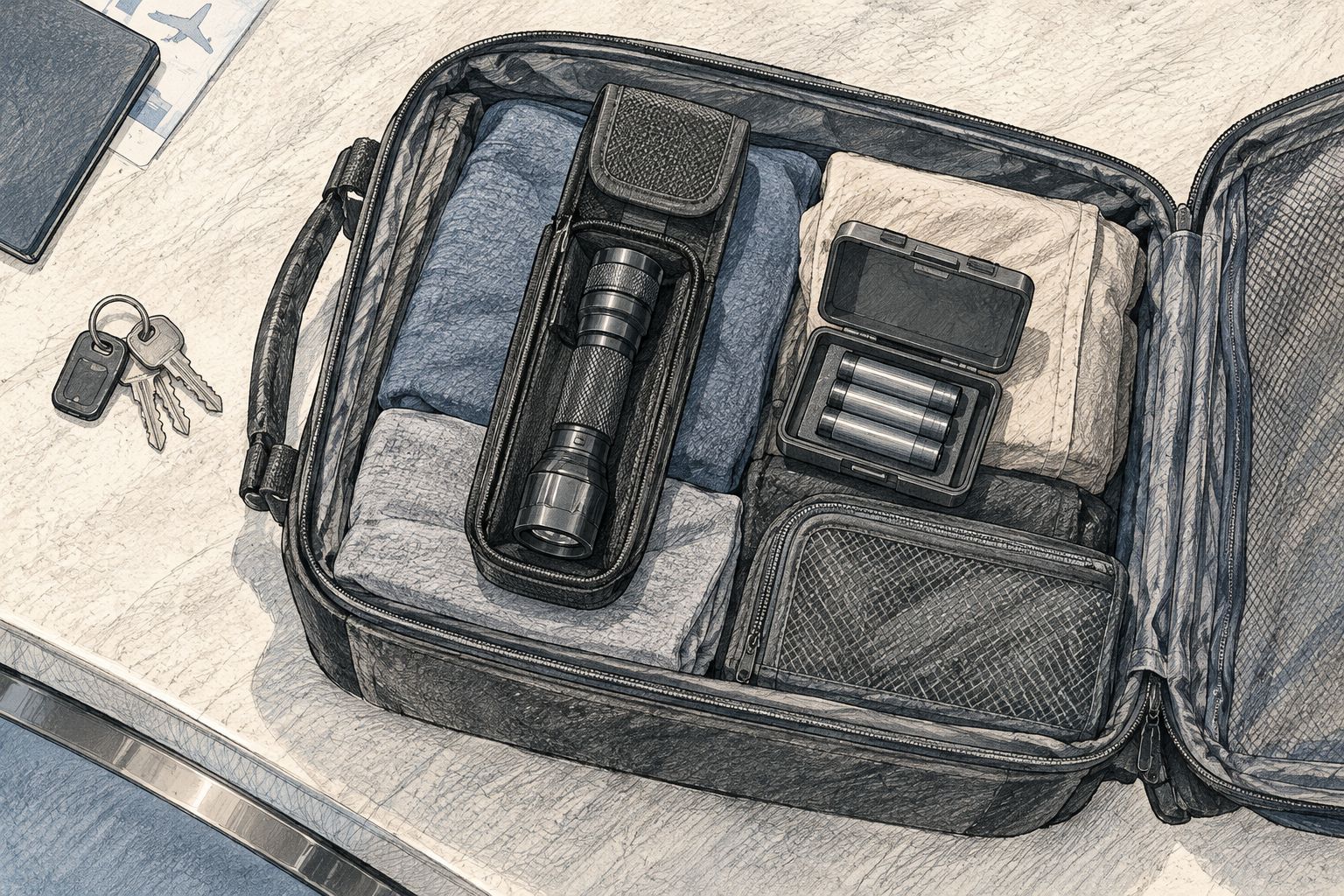 A handheld torch and individually protected spare batteries packed in an open cabin bag