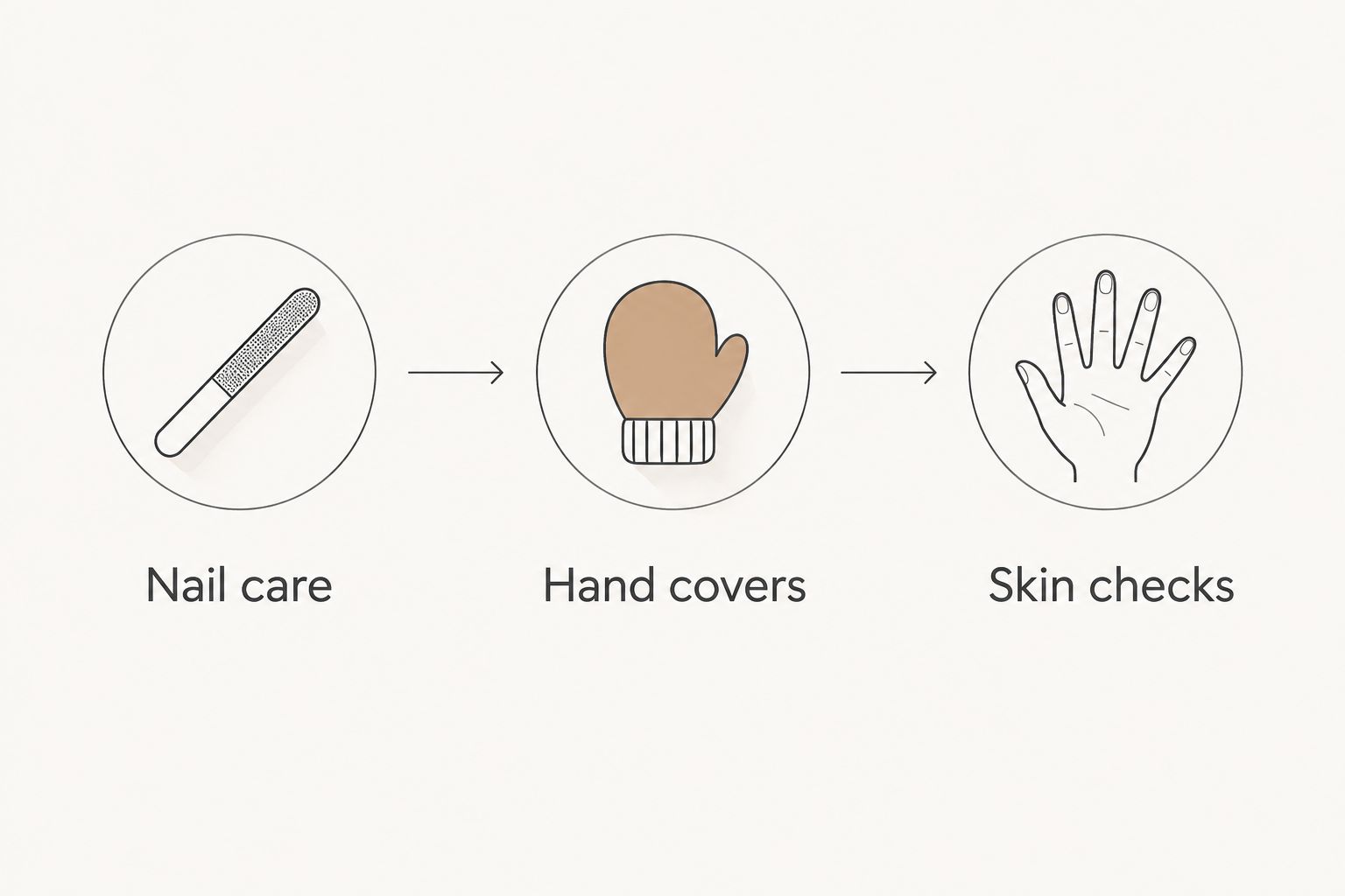 Nail care, hand covers, and skin checks shown as a simple sequence