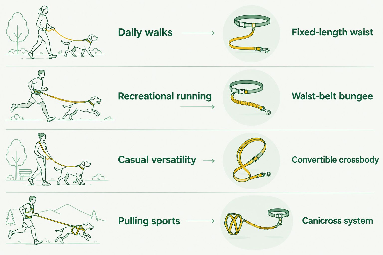 Activity-to-leash comparison for daily walks, running, casual outings, and pulling sports