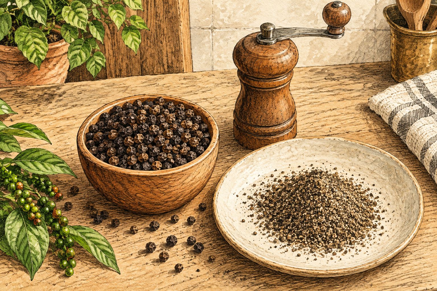 Whole black peppercorns beside ground pepper and a manual grinder