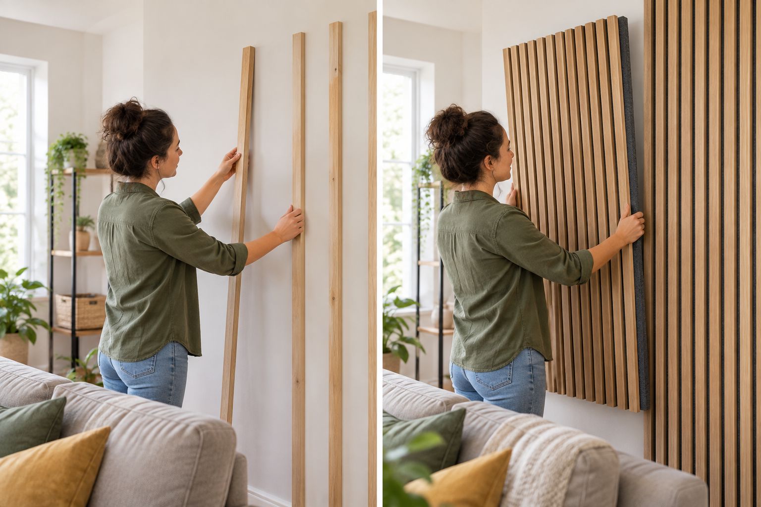 Separate timber battens beside a wood-slat panel with visible felt backing