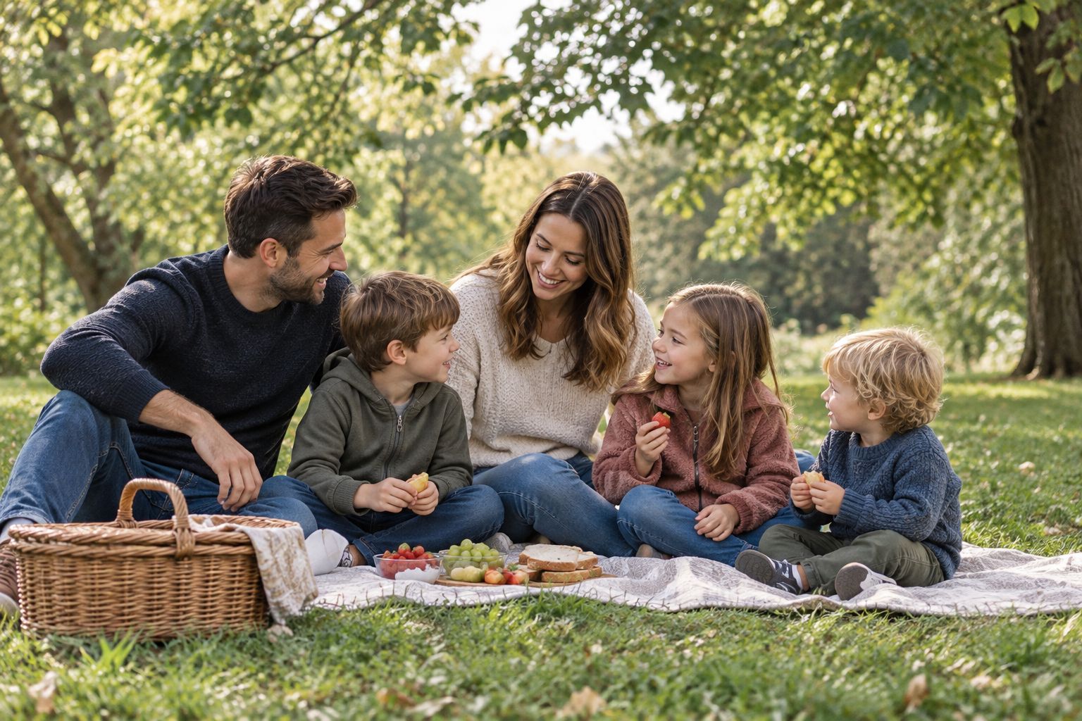 Family chatting on a picnic blanket in even shade with a simple leafy background
