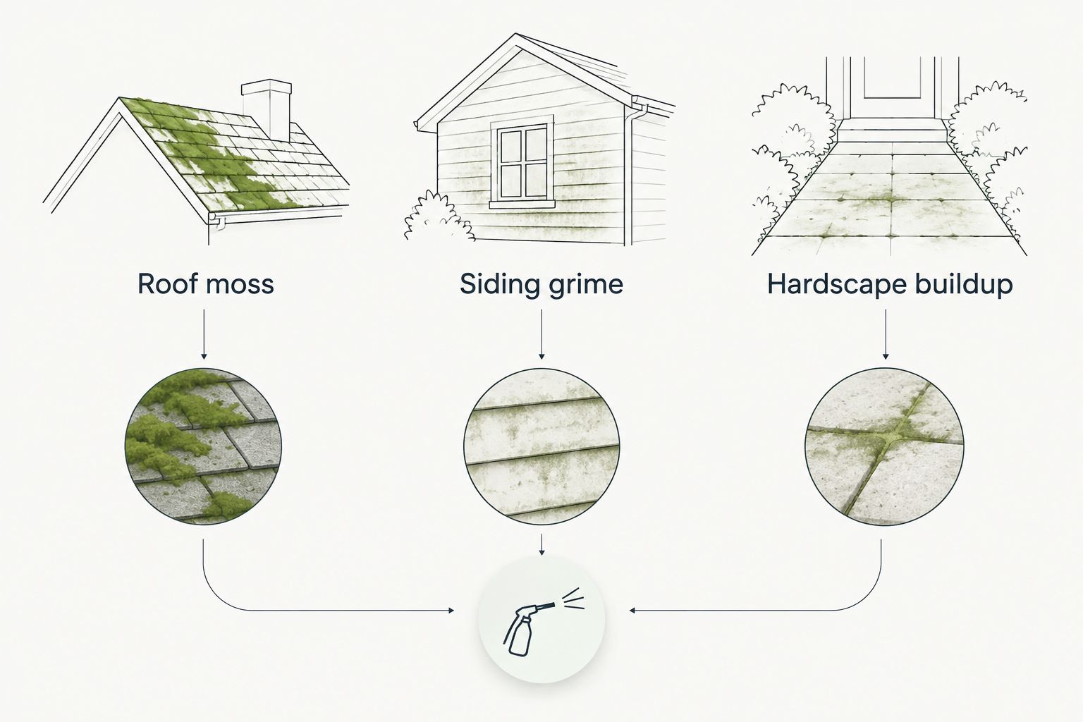 Three-column comparison of roof moss, siding grime, and hardscape buildup