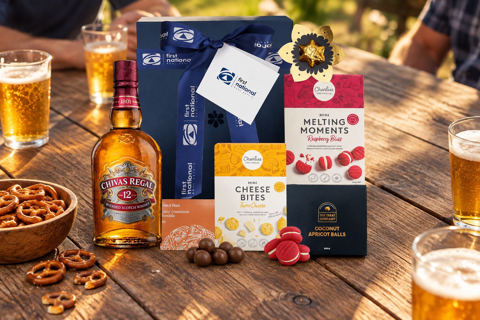 Scotch gift hamper on an outdoor table at a bucks party gathering
