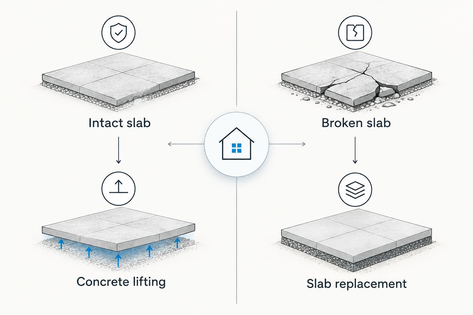 Two-column diagram pairing intact slabs with lifting and broken slabs with replacement