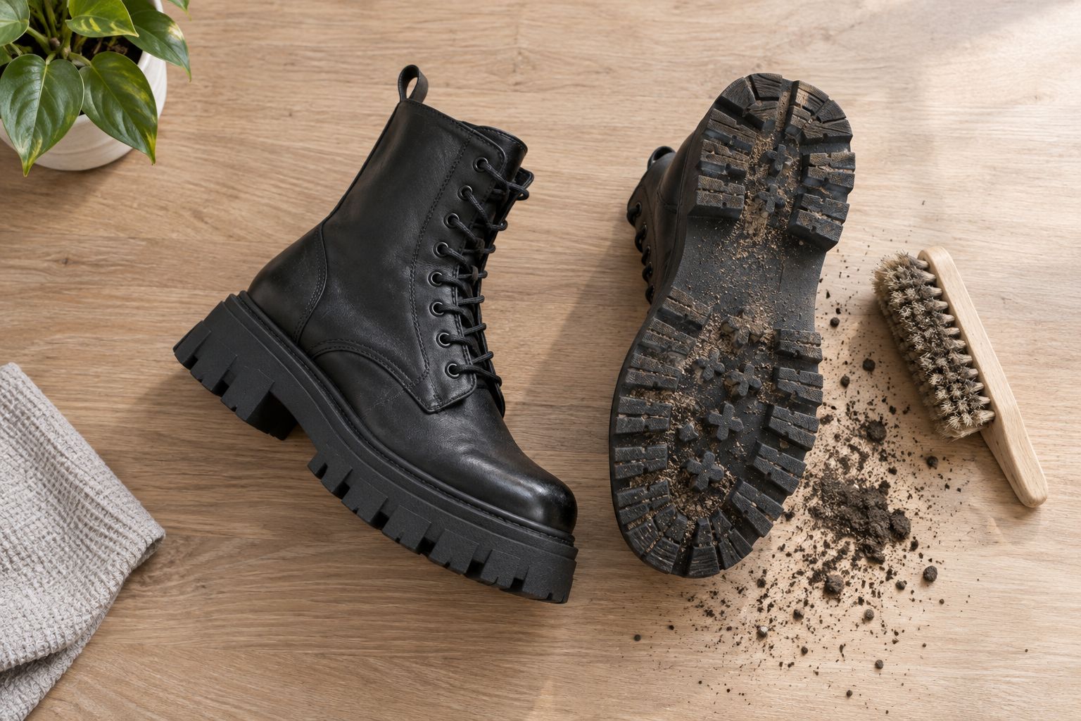 Chunky boot outsole turned upward for a tread check beside a soft brush