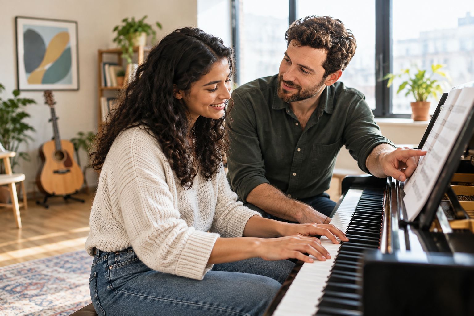 Adult student and instructor during a piano lesson in a studio