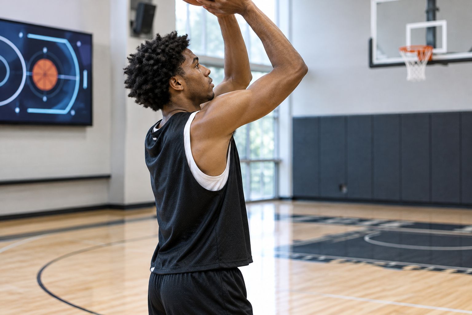Basketball player checking shoulder and armhole freedom during an overhead shooting movement.