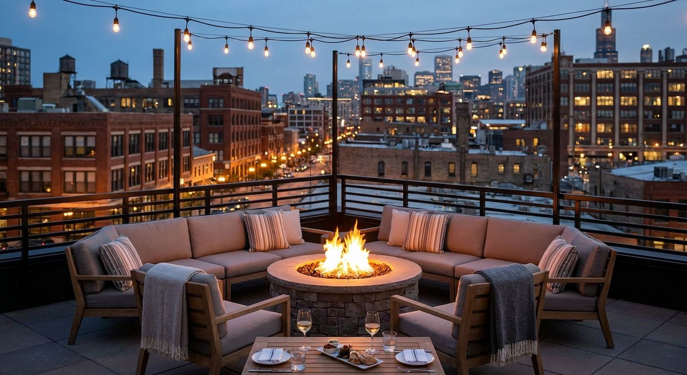 Apartments with rooftop fire pit lounges in Fulton Market