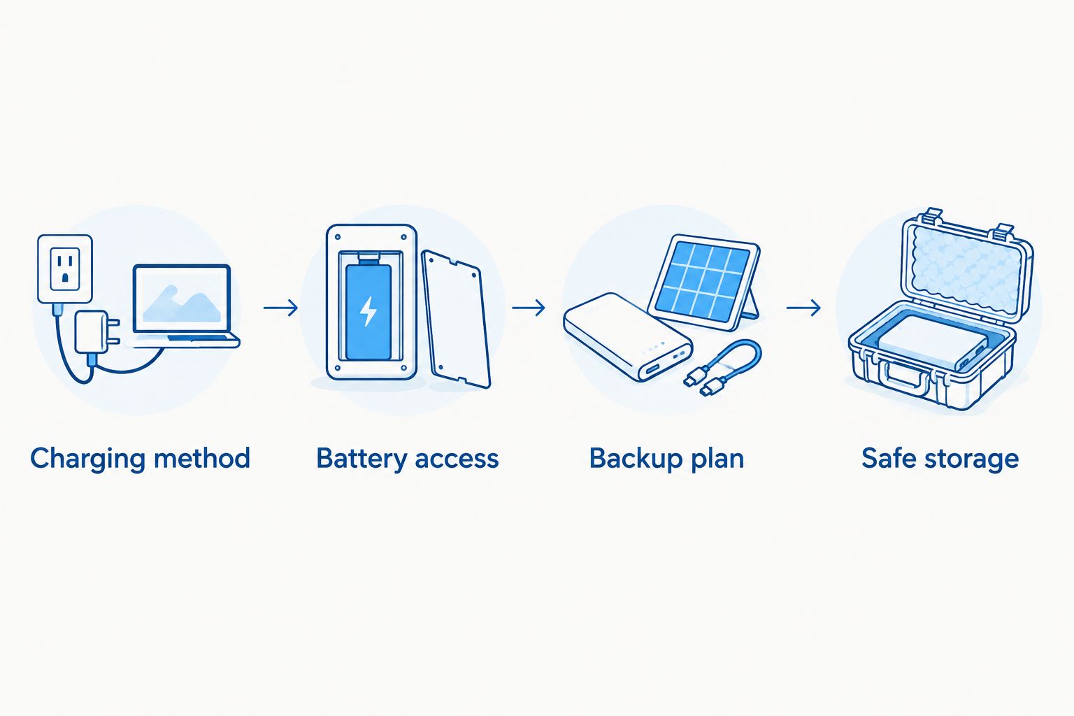 Four checks covering torch charging, battery access, backup power and safe battery storage