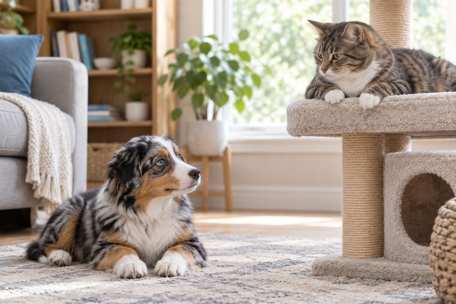 Mini Aussie puppy resting calmly near a cat on a cat tree