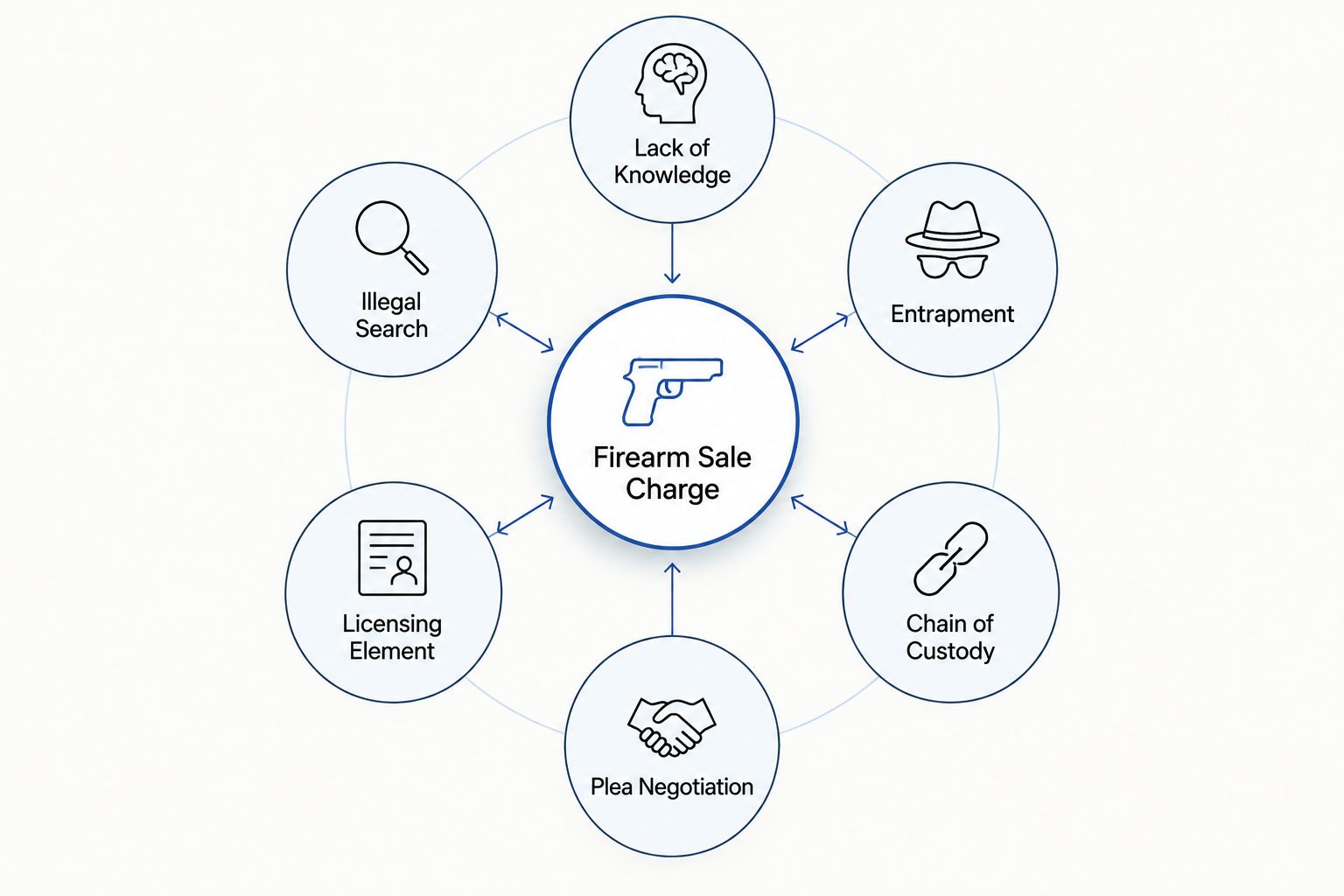 Diagram showing six defense strategies branching from one Michigan firearm sale charge