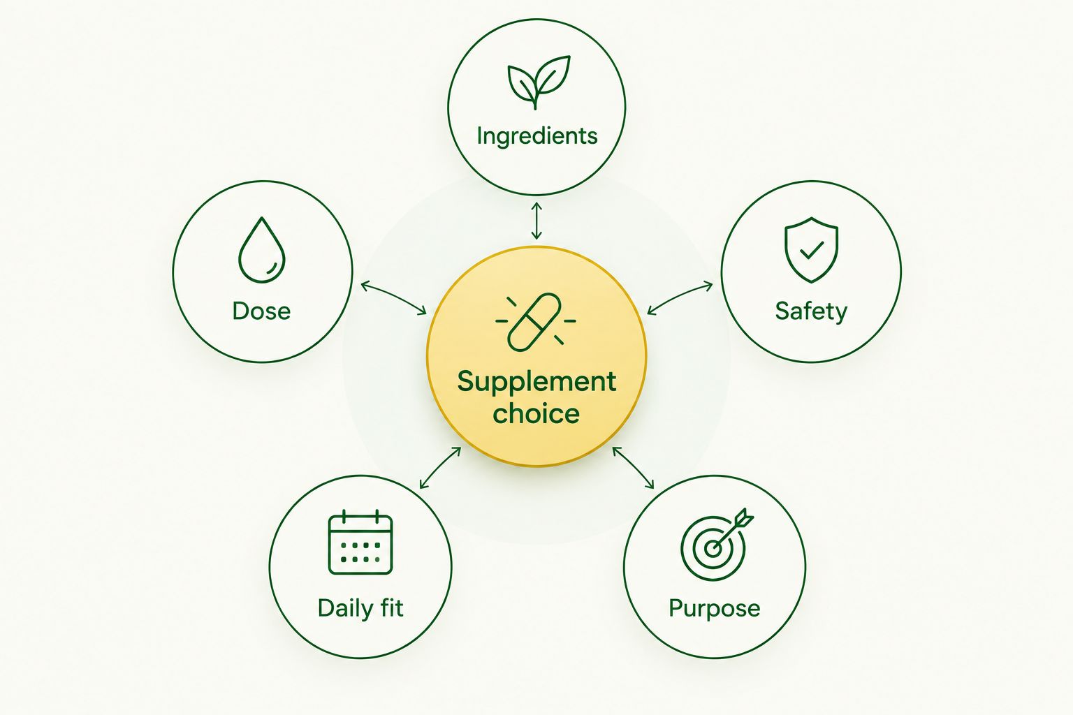 Five label checks surrounding supplement choice: ingredients, dose, safety, daily fit, and purpose