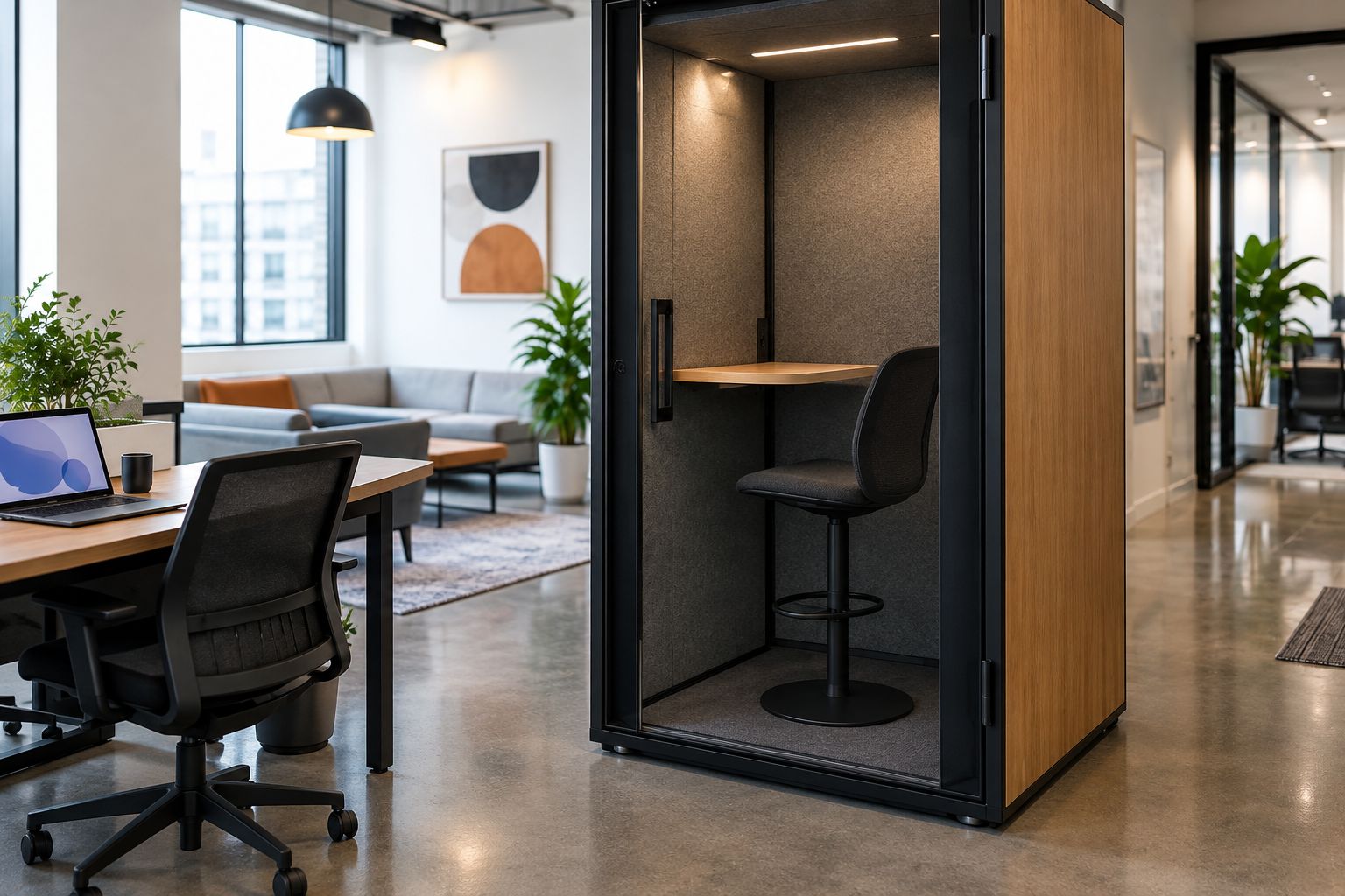 An empty office phone booth with a clear desk ready for its next user