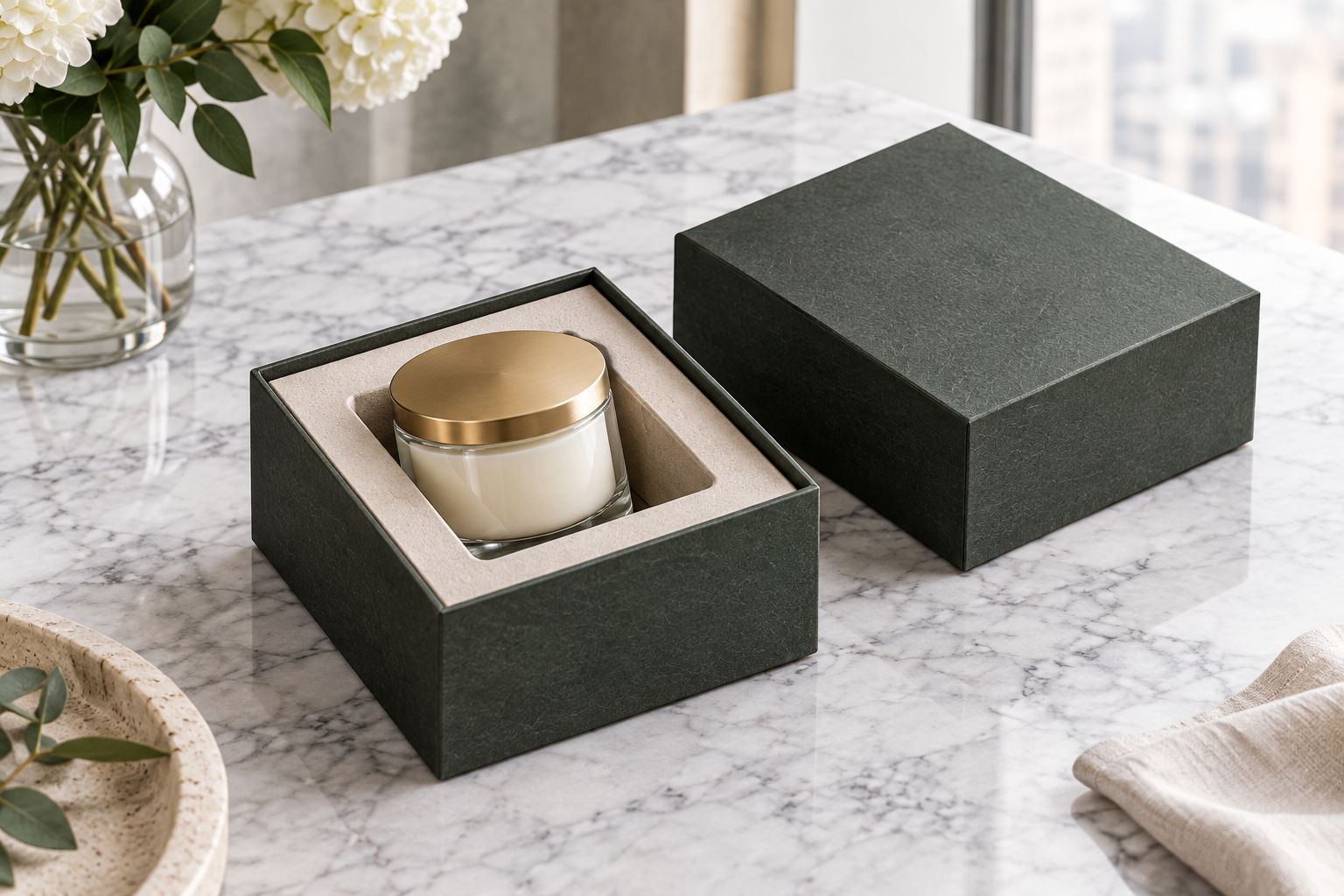 Separate rigid box lid beside a base holding a glass container in a fitted insert