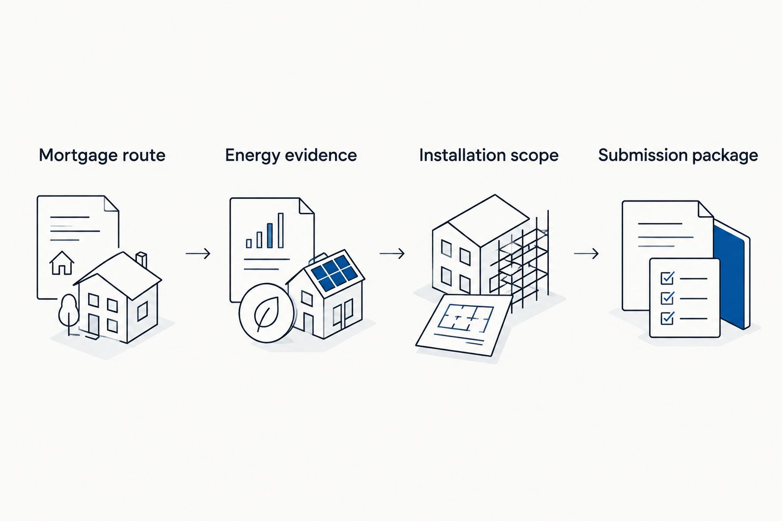 Four document handoffs connecting mortgage confirmation, energy evidence, installation scope and submission