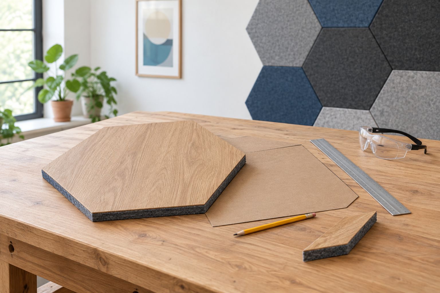 Hexagonal wall panel and cardboard template supported on a workbench before cutting