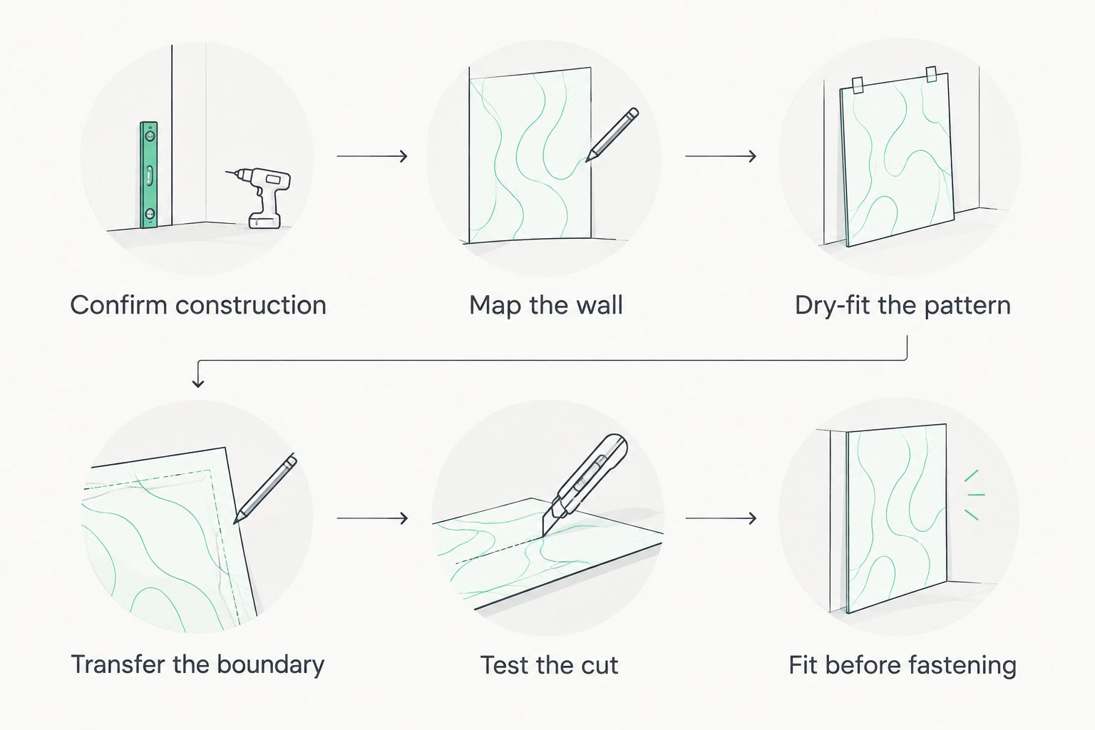 Sequence for checking, measuring, cutting, and fitting hexagon acoustic panels