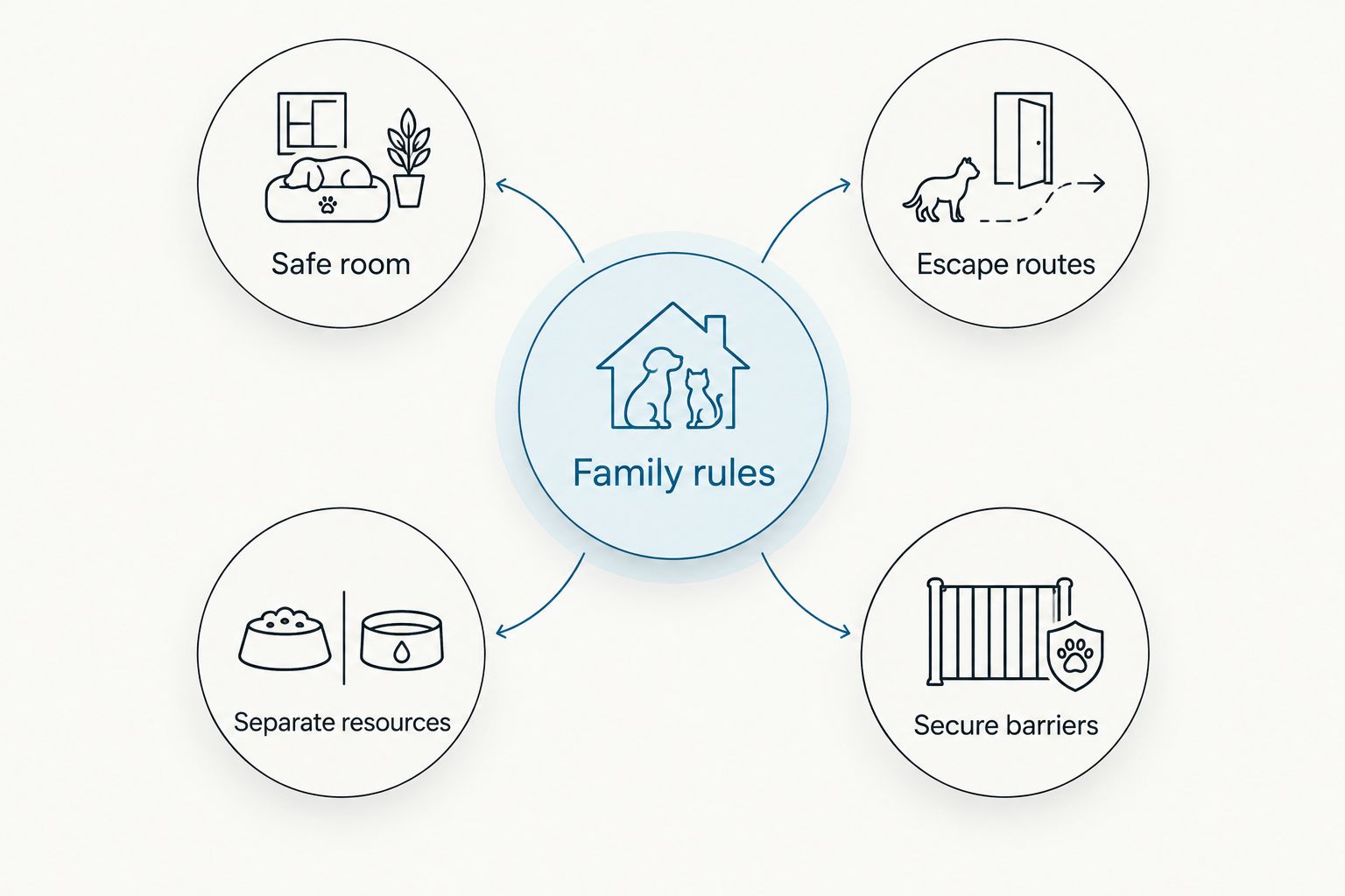 Home setup checklist showing a safe room, escape routes, separate resources, secure barriers, and family rules.