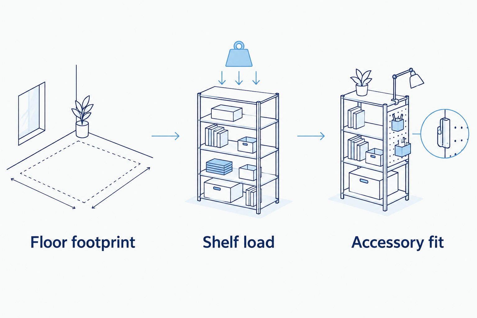 Three buying checks covering floor footprint, shelf load and accessory fit