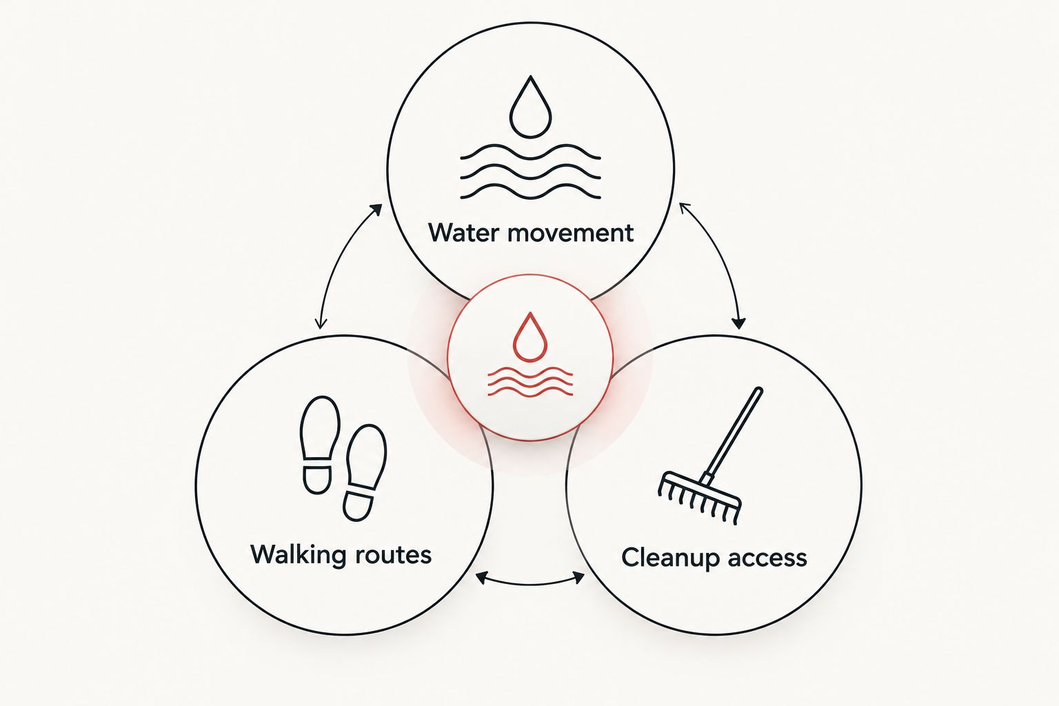Three site checks before choosing rock: water movement, walking routes, and cleanup access.