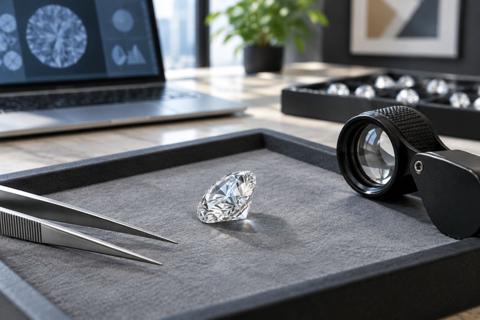 Loose diamond tilted on a gem tray beside tweezers and a loupe