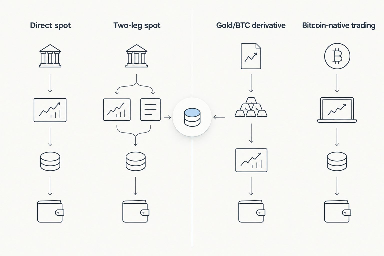 Comparison of direct spot, two-trade spot, derivative and bitcoin-native trading routes