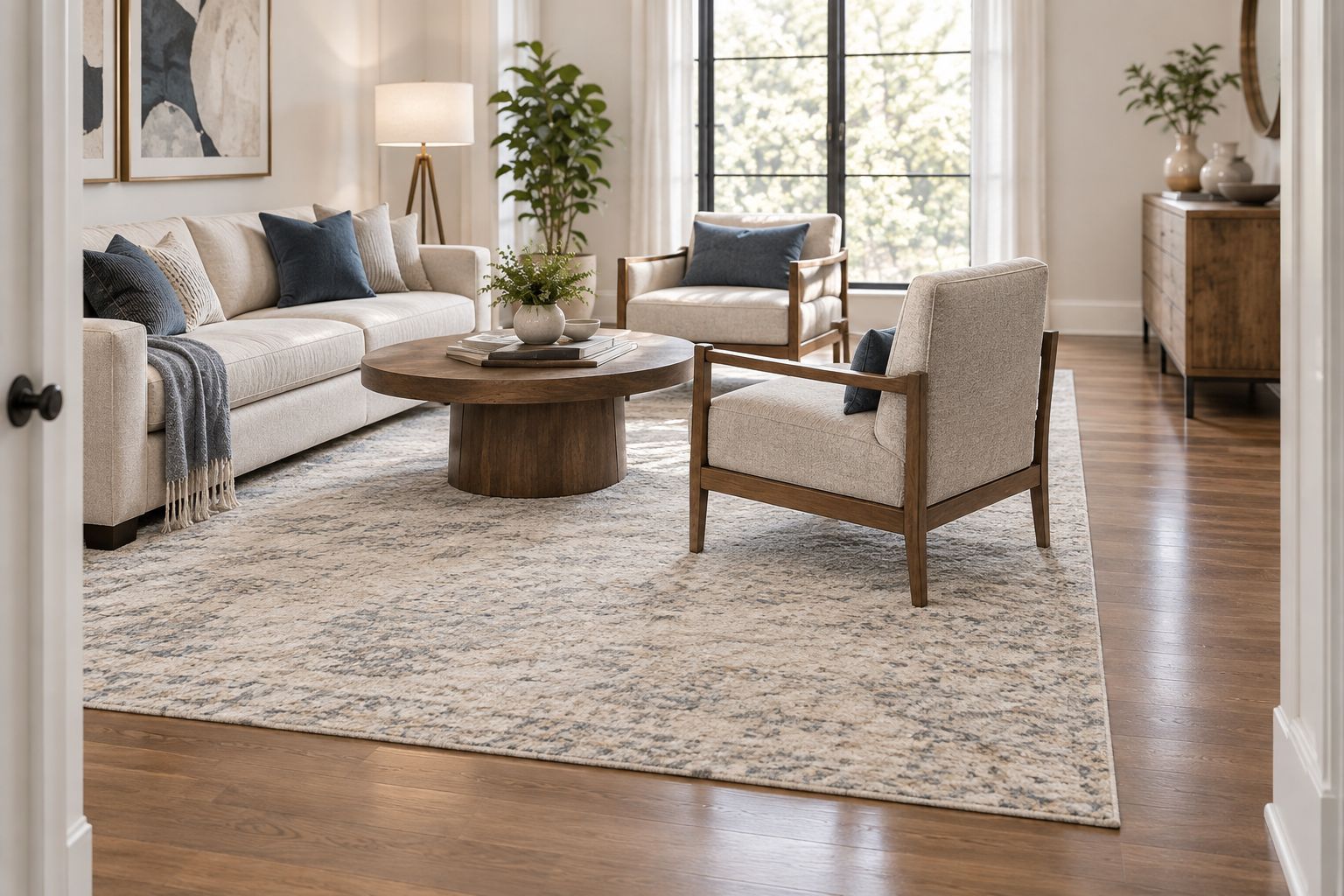 Living-room rug connecting a sofa and chairs while leaving a clear passage beside the seating group