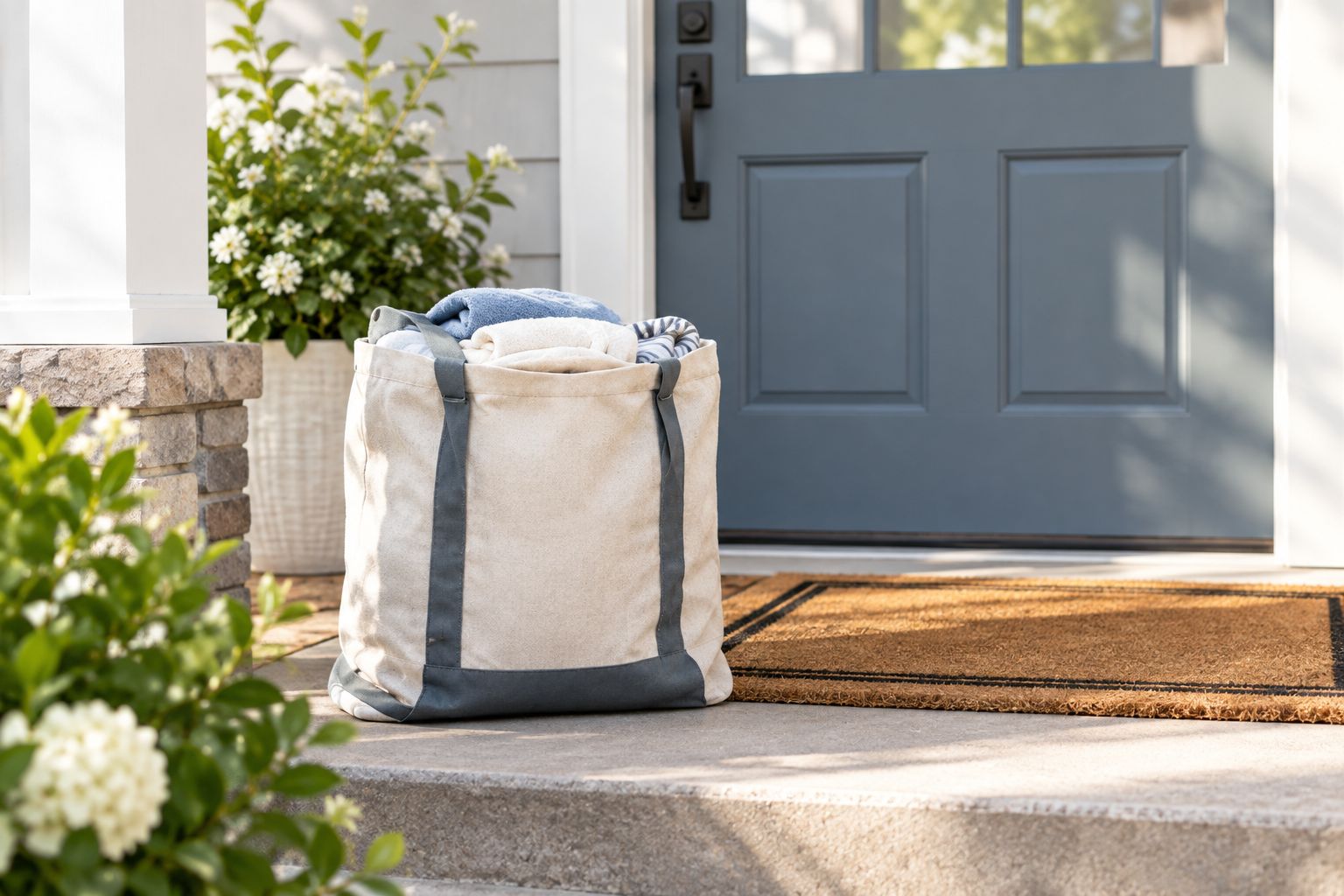 A laundry bag left outside a front door for pickup