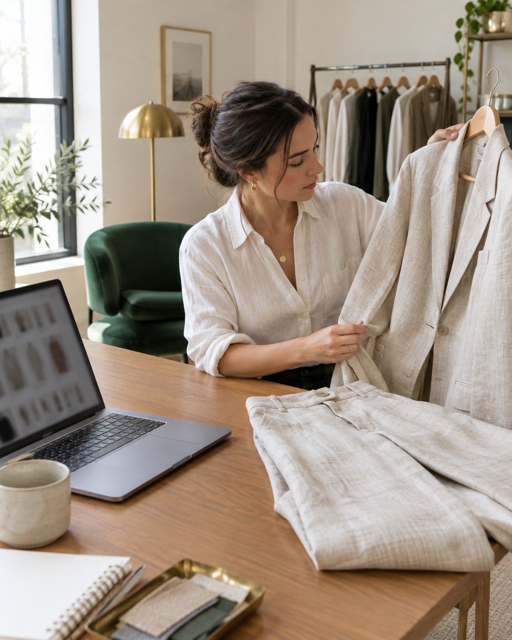 Illustrative garment evaluation beside a laptop in a fashion studio