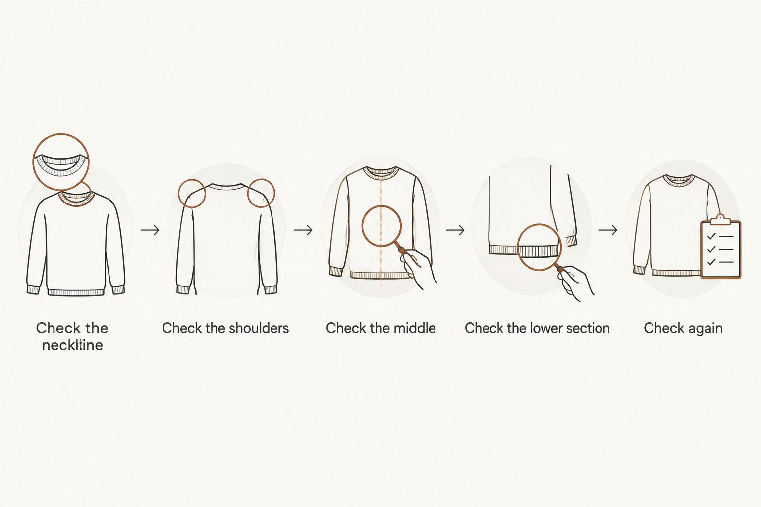 Five clothing-fit checks from neckline to a second check after dressing