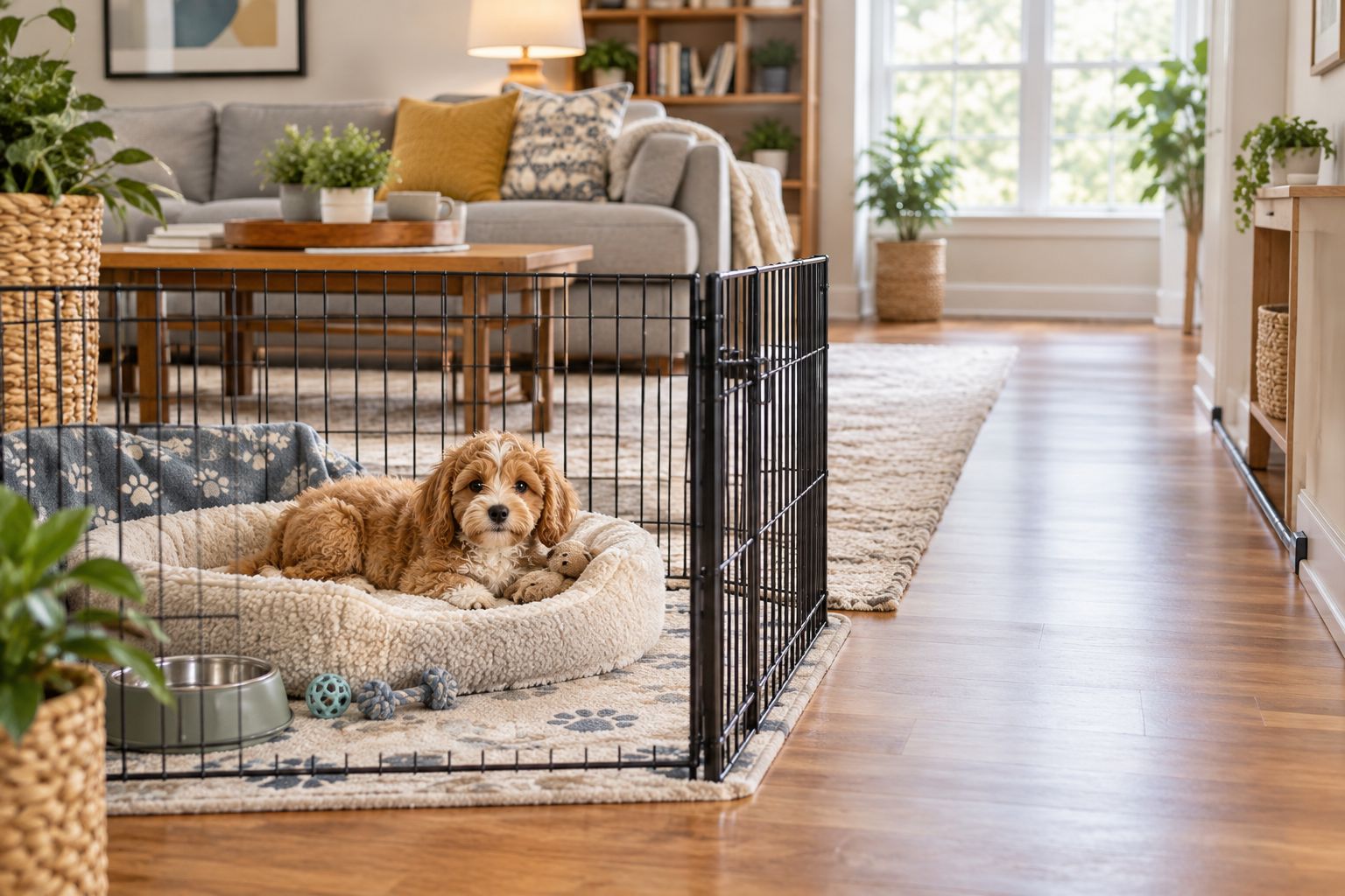 A puppy resting area beside family seating with secured cords and a clear walking route