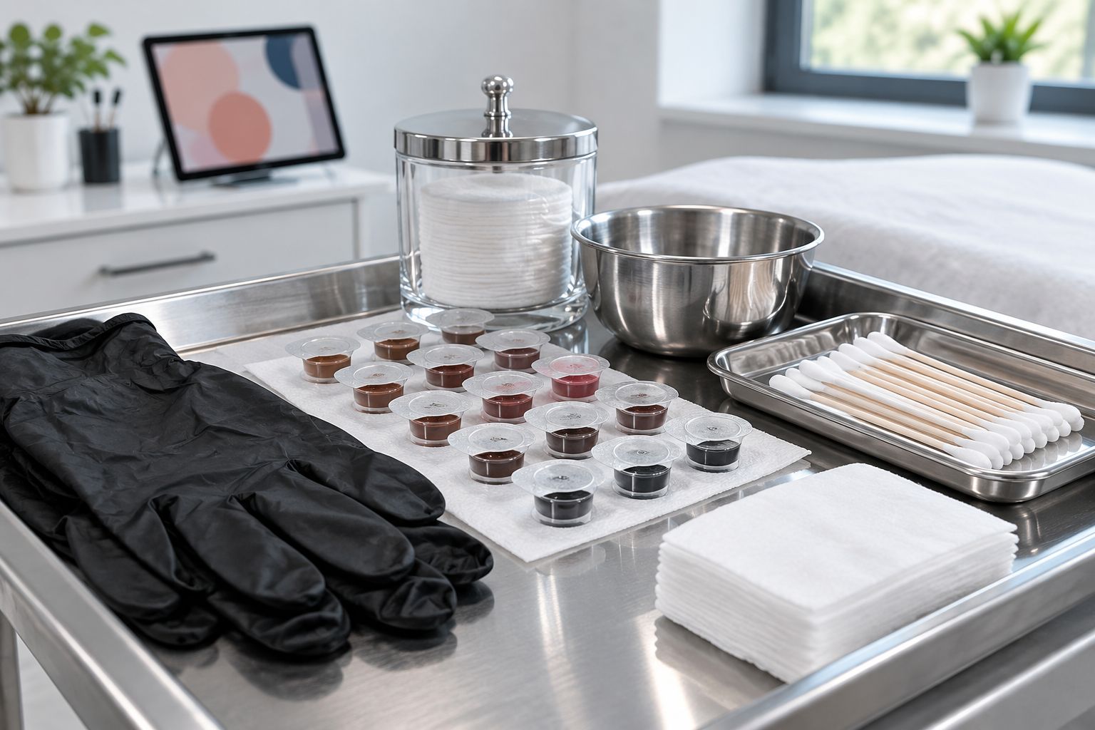 Sterile single-use pigment caps and gloves arranged on a clinical treatment tray