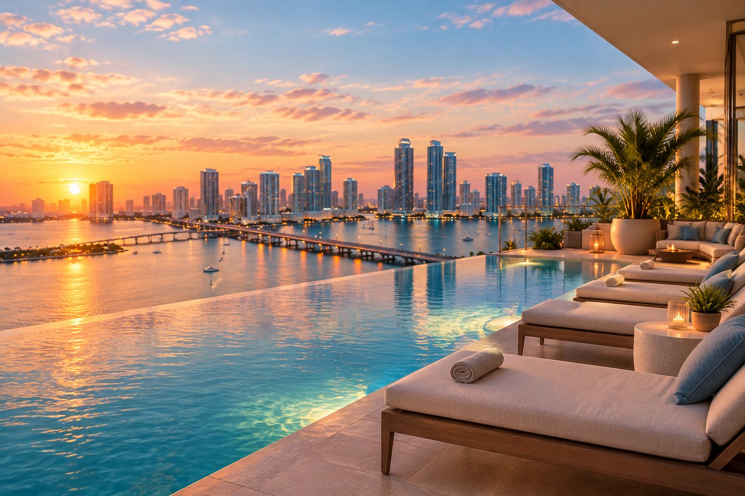 Rooftop infinity pool deck overlooking Biscayne Bay at dusk