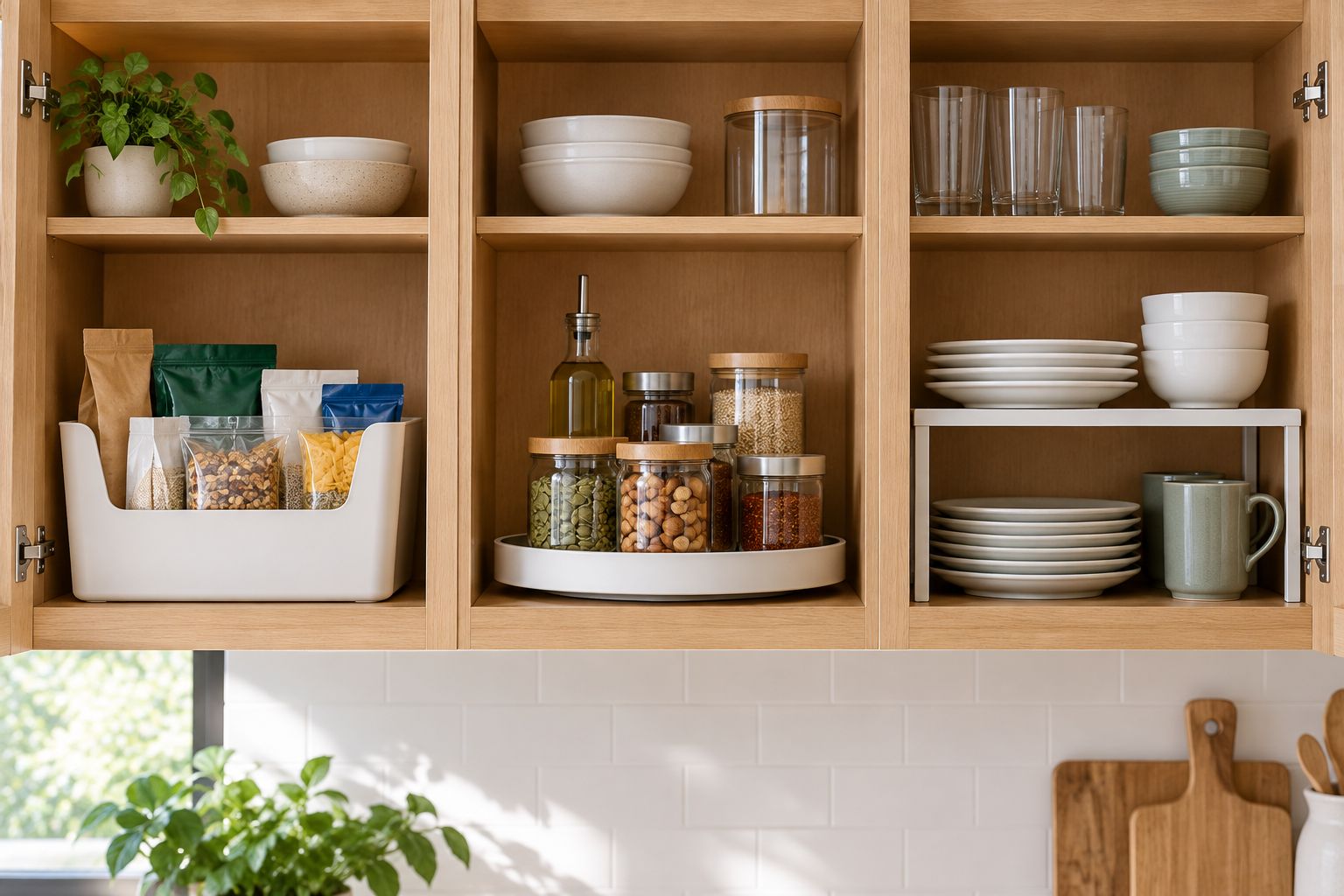 Kitchen cabinet examples using a bin, a turntable, and a shelf insert