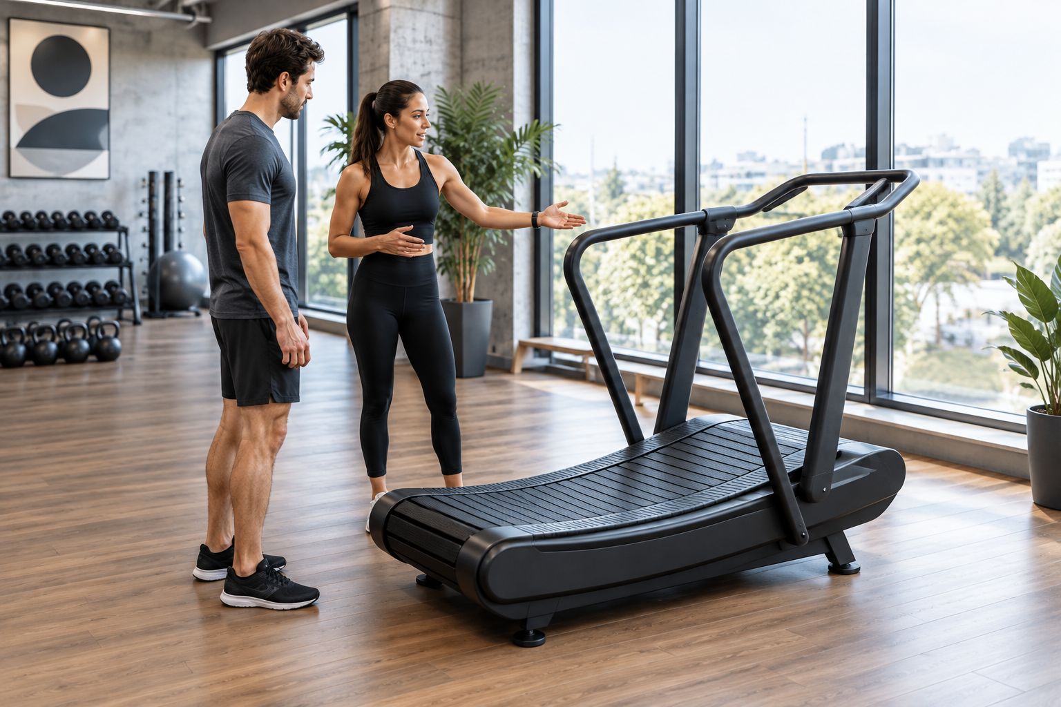 Motorloses Laufband mit gebogener Lauffläche bei einer Einweisung im Studio