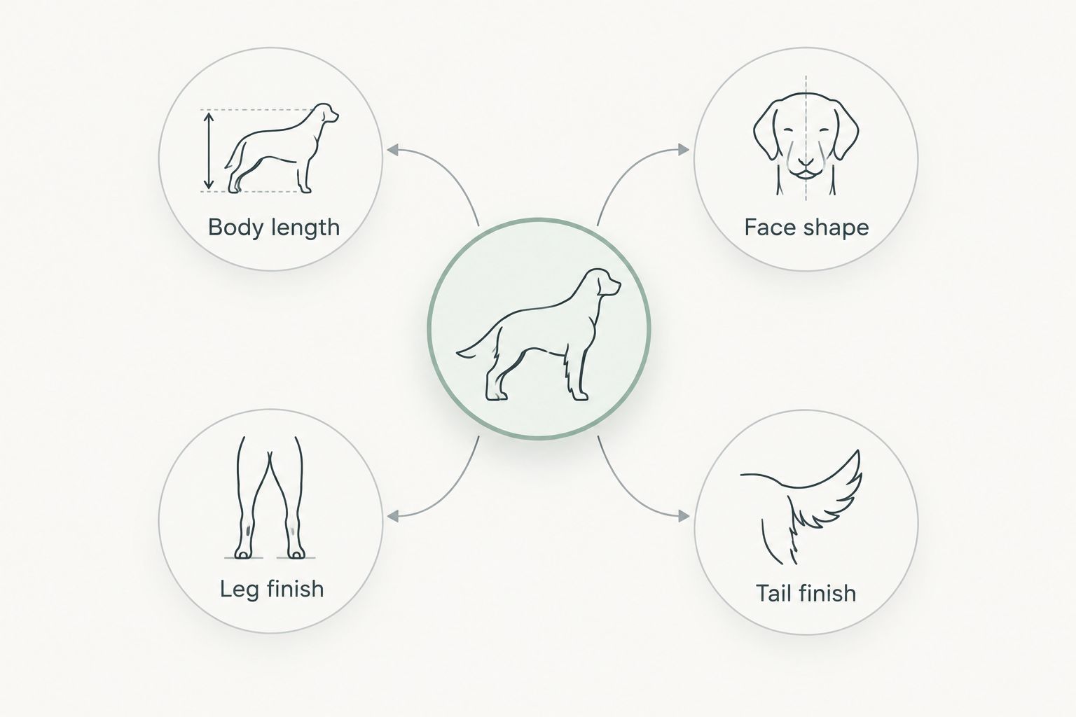 Four parts of a haircut brief: body length, face shape, leg finish, and tail finish.