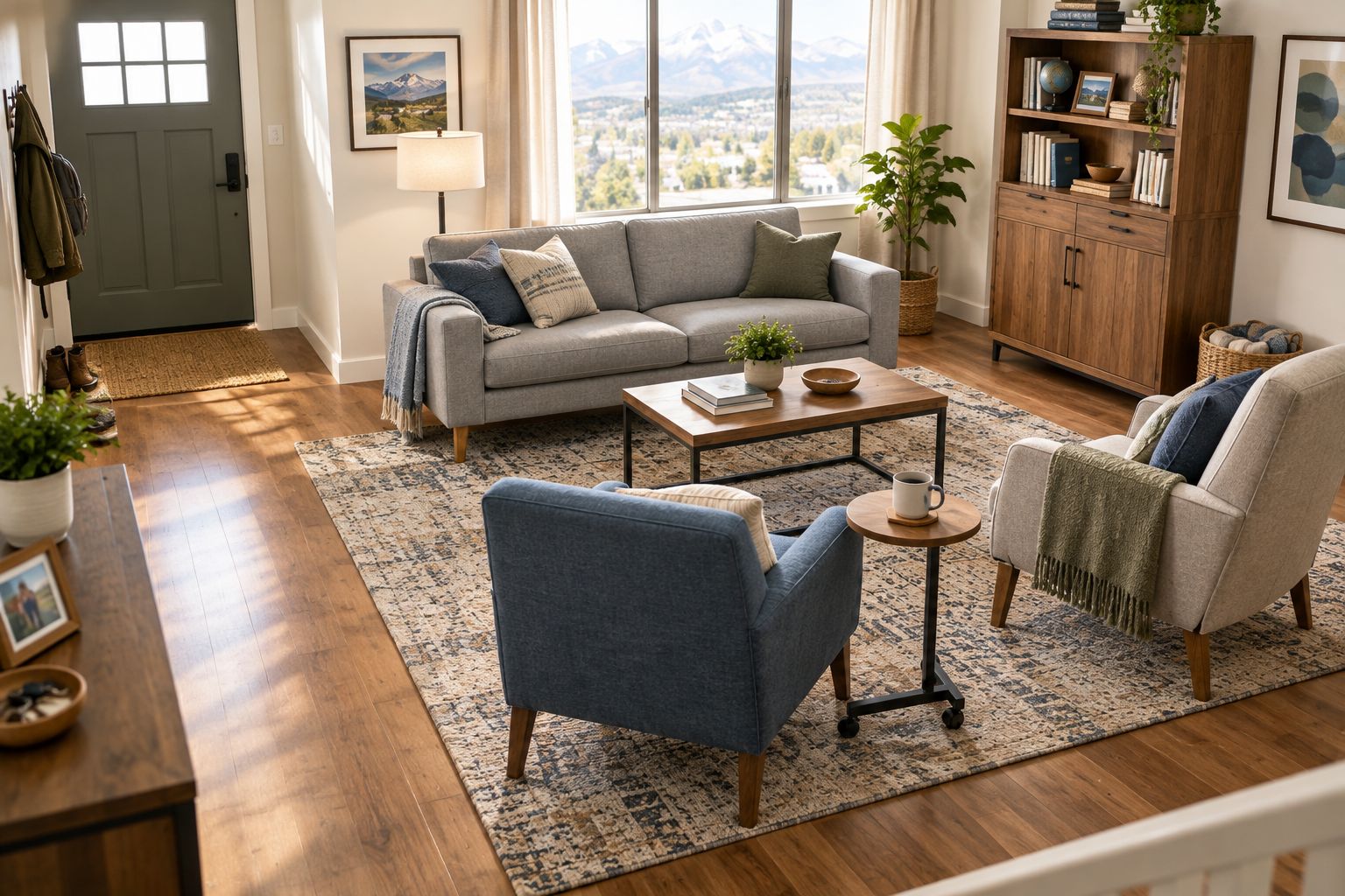 Living room with separate seating pieces, freestanding storage, and a clear route through the room