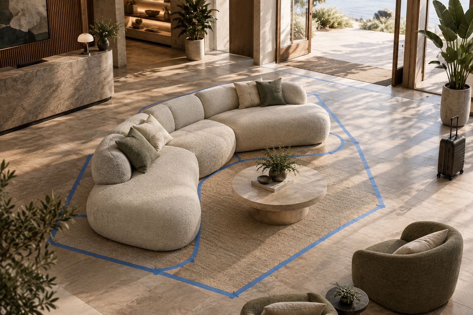 Taped sofa footprint in a hotel sitting area with a suitcase and an open walking route